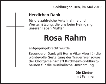 Traueranzeige von Rosa Rahm von Schwäbische Post