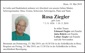 Traueranzeige von Rosa Ziegler von Gmünder Tagespost