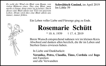 Traueranzeige von Rosemarie Schütt von Gmünder Tagespost