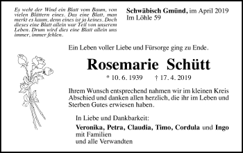 Traueranzeige von Rosemarie Schütt