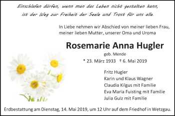 Traueranzeige von Rosemarie Anna Hugler von Gmünder Tagespost