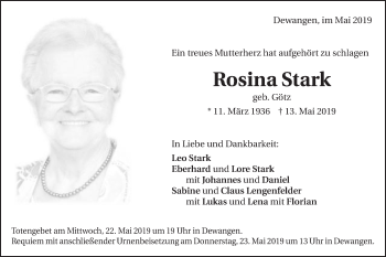 Traueranzeige von Rosina Stark von Schwäbische Post