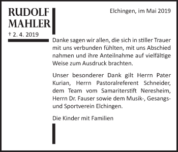 Traueranzeige von Rudolf Mahler von Schwäbische Post