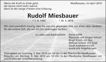 Traueranzeige von Rudolf Miesbauer von Schwäbische Post