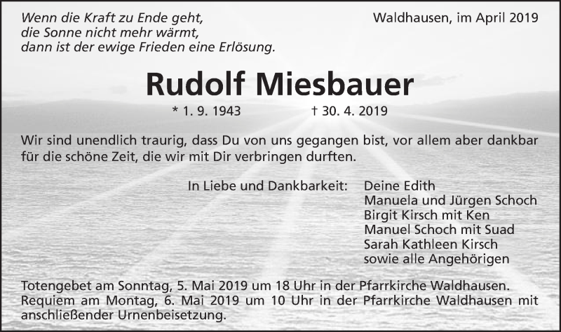  Traueranzeige für Rudolf Miesbauer vom 03.05.2019 aus Schwäbische Post
