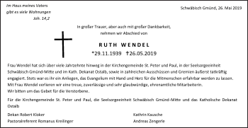 Traueranzeige von Ruth Wendel von Gmünder Tagespost