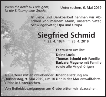 Traueranzeige von Siegfried Schmid von Schwäbische Post