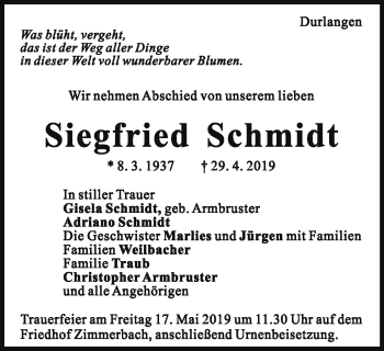 Traueranzeige von Siegfried Schmidt von Gmünder Tagespost