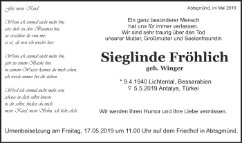 Traueranzeige von Sieglinde Fröhlich von Schwäbische Post