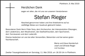 Traueranzeige von Stefan Rieger von Schwäbische Post