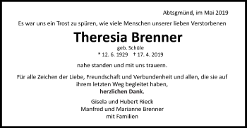 Traueranzeige von Theresia Brenner von Schwäbische Post