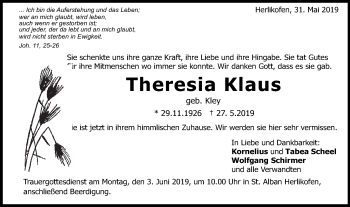 Traueranzeige von Theresia Klaus von Gmünder Tagespost