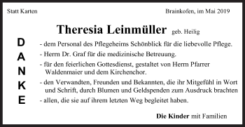 Traueranzeige von Theresia Leinmüller von Gmünder Tagespost