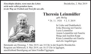 Traueranzeige von Theresia Leinmüller von Gmünder Tagespost