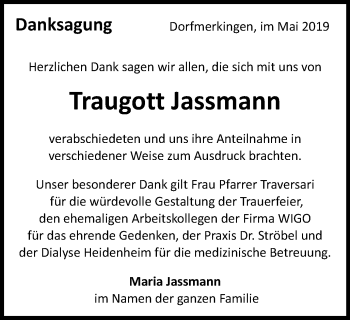 Traueranzeige von Traugott Jassmann von Schwäbische Post