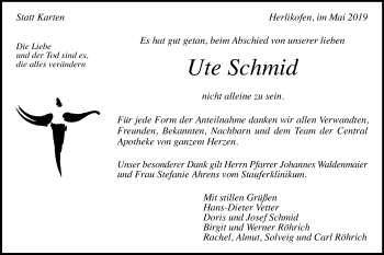 Traueranzeige von Ute Schmid von Gmünder Tagespost