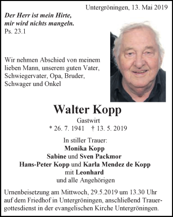 Traueranzeige von Walter Kopp von Gmünder Tagespost