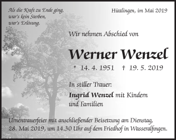 Traueranzeige von Werner Wenzel von Schwäbische Post