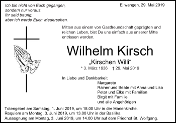 Traueranzeige von Wilhelm Kirsch von Schwäbische Post