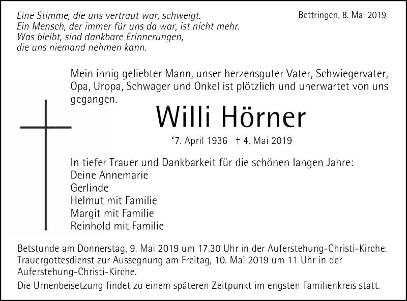 Traueranzeige für Willi Hörner vom 08.05.2019 aus Gmünder Tagespost