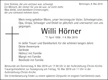 Traueranzeige von Willi Hörner von Gmünder Tagespost