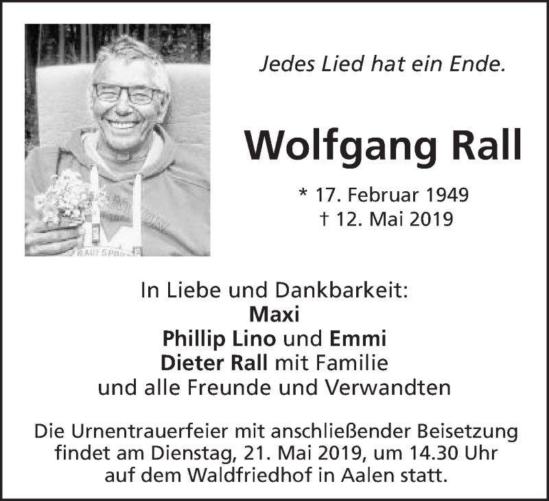  Traueranzeige für Wolfgang Rall vom 18.05.2019 aus Schwäbische Post