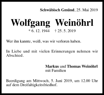 Traueranzeige von Wolfgang Weinöhrl von Gmünder Tagespost