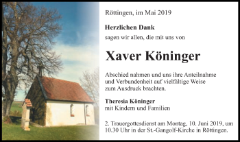 Traueranzeige von Xaver Köninger von Schwäbische Post