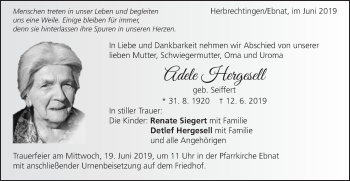 Traueranzeige von Adele Hergesell von Schwäbische Post