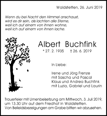 Traueranzeige von Albert Buchfink von Gmünder Tagespost