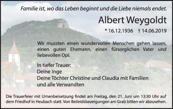 Traueranzeige von Albert Weygoldt von Gmünder Tagespost