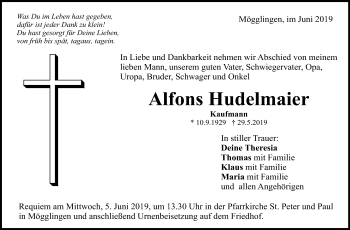 Traueranzeige von Alfons Hudelmaier von Gmünder Tagespost
