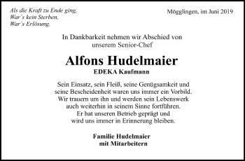 Traueranzeige von Alfons Hudelmaier von Gmünder Tagespost