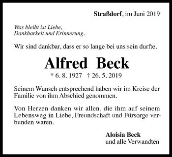 Traueranzeige von Alfred Beck von Gmünder Tagespost