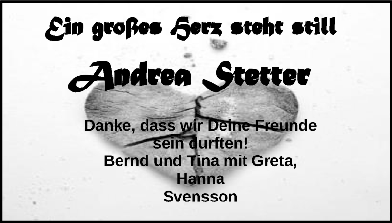  Traueranzeige für Andrea Stetter vom 27.06.2019 aus Schwäbische Post