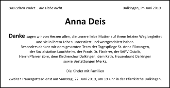 Traueranzeige von Anna Deis von Schwäbische Post