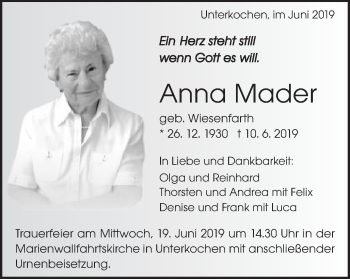 Traueranzeige von Anna Mader von Schwäbische Post