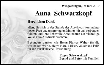Traueranzeige von Anna Schwarzkopf von Gmünder Tagespost