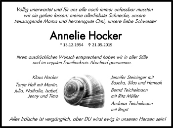 Traueranzeige von Annelie Hocker von Schwäbische Post