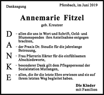 Traueranzeige von Annemarie Fitzel von Gmünder Tagespost