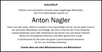Traueranzeige von Anton Nagler von Schwäbische Post