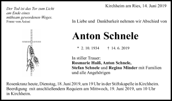 Traueranzeige von Anton Schnele von Schwäbische Post