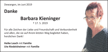 Traueranzeige von Barbara Kieninger von Schwäbische Post