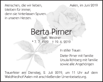 Traueranzeige von Berta Pirner von Schwäbische Post