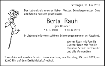 Traueranzeige von Berta Rauh von Gmünder Tagespost