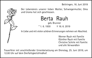 Traueranzeige von Berta Rauh