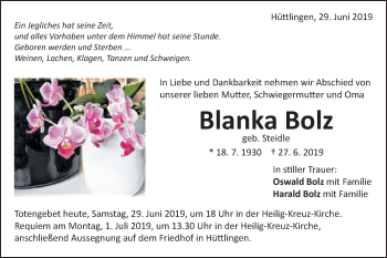 Traueranzeige von Blanka Bolz von Schwäbische Post