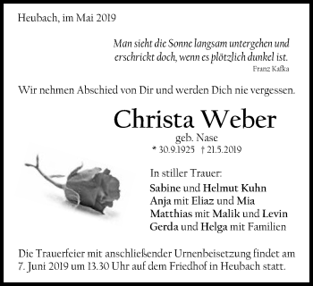 Traueranzeige von Christa Weber von Gmünder Tagespost