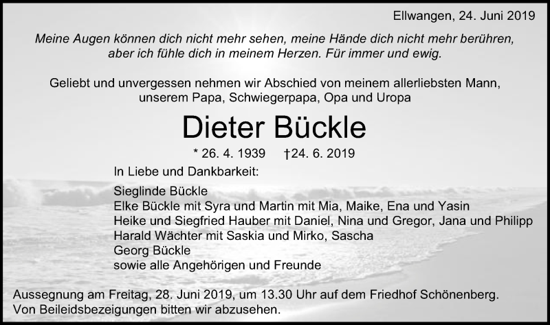 Traueranzeige für Dieter Bückle vom 26.06.2019 aus Schwäbische Post