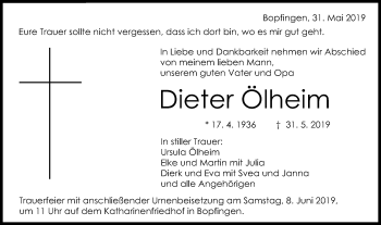 Traueranzeige von Dieter Ölheim von Schwäbische Post